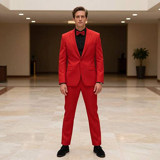 Photograph of a man in a bright red suit, black shirt, red bow tie, and black shoes, standing confidently in a spacious, modern,