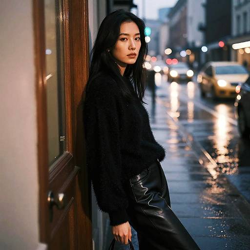 Photograph of an Asian woman with long black hair, wearing a black furry jacket and leather pants, leaning against a building on a rainy city street at