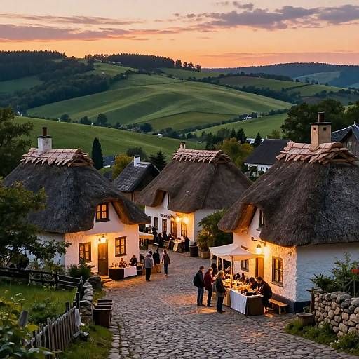 Photograph of a charming, twilight village with thatched-roof cottages, warmly lit, cobblestone path, people dining outdoors, lush green