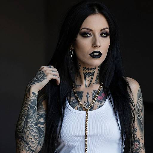 Tattooed woman with long black hair, white tank top, black lipstick, gold chain, and dark background, showcasing extensive arm and chest tattoos