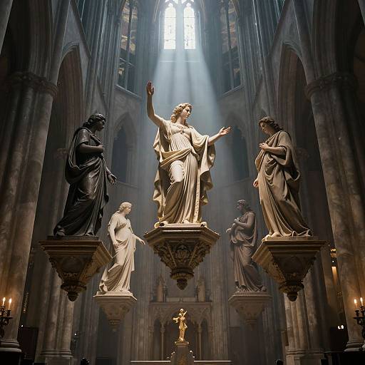 Photograph of a grand cathedral interior featuring four statues of robed figures on ornate pedestals, bathed in sunlight from a high arched window