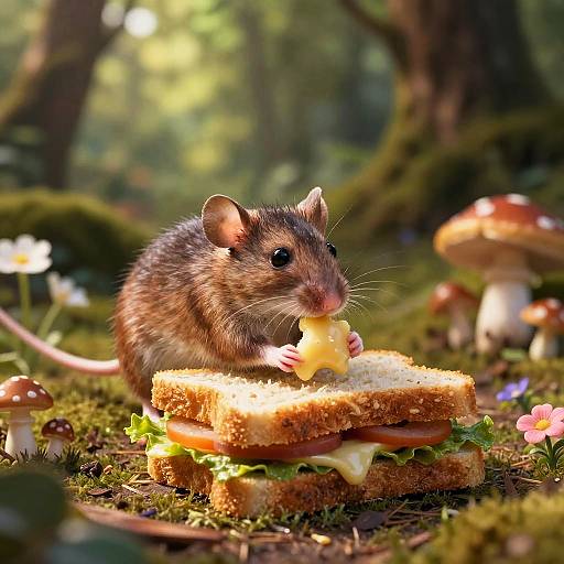 Photorealistic digital art: Adorable brown mouse with pink ears eats a sandwich on mossy forest floor, surrounded by mushrooms and flowers.