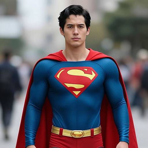 Photograph of a young Asian man with black hair, wearing Superman's blue suit with red cape and yellow 
