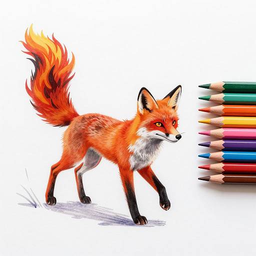 Colorful Illustration of a Red Fox with Fiery Tail