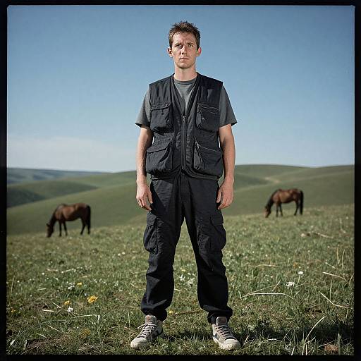 Man in Charcoal Vest on Green Hills