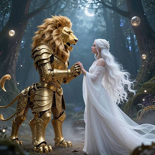 Digital artwork: White-haired woman in flowing white dress holds hands with golden-armored lion-man in mystical forest, bubbles floating around.