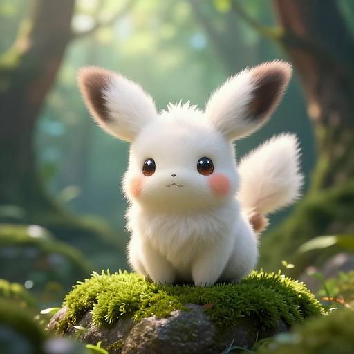 Cute, fluffy white Pokémon Eevee with large ears and pink cheeks sitting on mossy rock in a sunlit forest. Digital art.