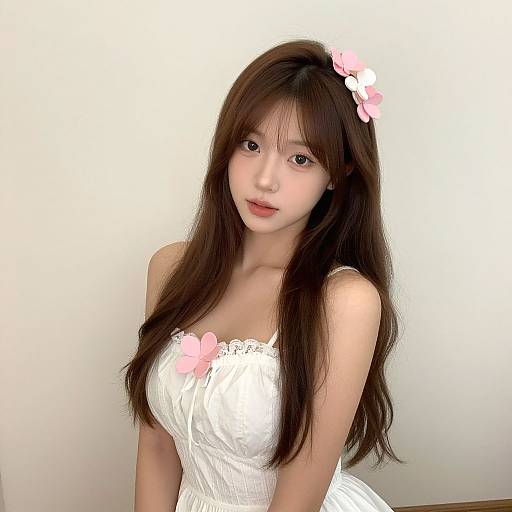 Photograph of an East Asian woman with long brown hair, wearing a white, strapless dress with pink flower accents, and a pink flower in her
