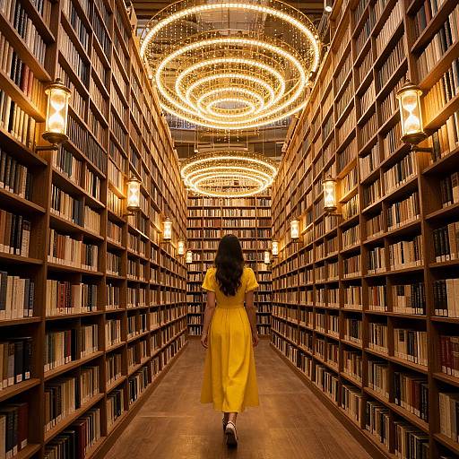 Photograph of a woman in a yellow dress walking down a warmly lit, book-filled library aisle with circular, glowing chandeliers.