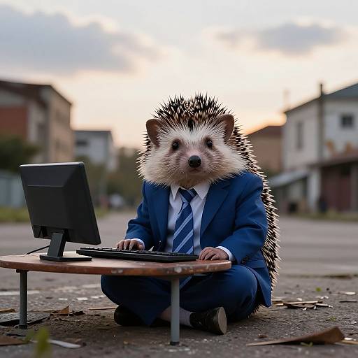 Photograph of a porcupine in a blue suit and striped tie, sitting on the ground, typing on a laptop at an outdoor table. Urban
