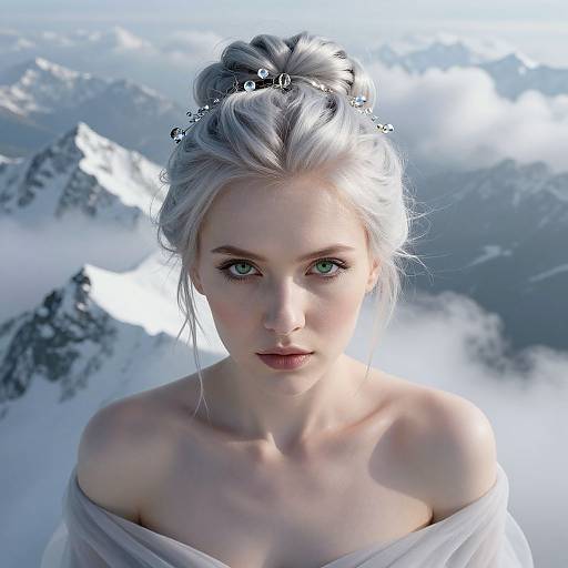 Digital artwork of a pale-skinned, silver-haired woman with green eyes, wearing an off-shoulder white dress, set against a snowy mountain backdrop