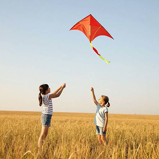 Children Flying Red Kite in Golden Field