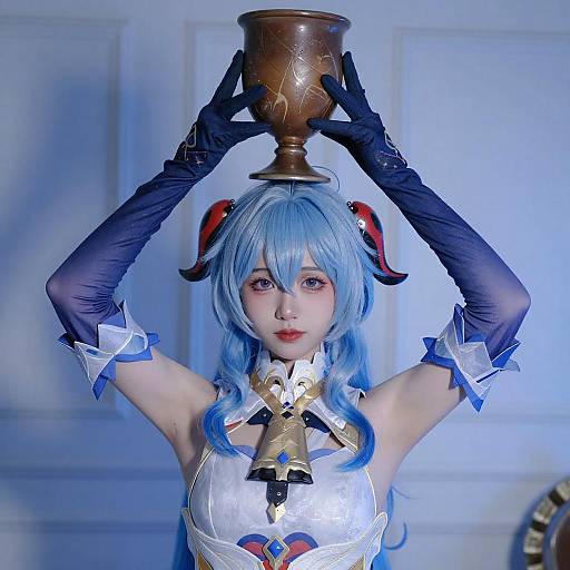 Cosplayer with Blue Hair and Horned Goblet