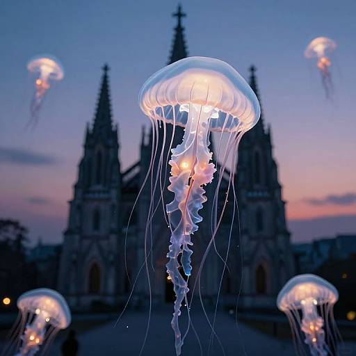 Photograph of glowing jellyfish in front of a Gothic cathedral at dusk, with a purple to orange gradient sky.