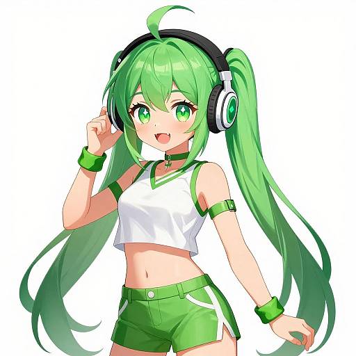 Playful Anime Girl with Green Hair