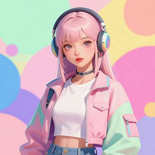 Digital anime-style illustration of a pink-haired girl with large headphones, pink jacket, white crop top, and high-waisted jeans, set against a