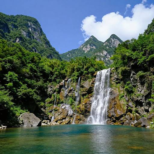 Photograph of a lush, green mountain landscape with a cascading waterfall flowing into a turquoise pool, under a bright blue sky with white clouds.
