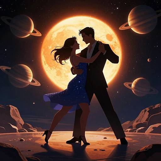 Silhouetted couple dancing under a glowing full moon, surrounded by planets and rocky asteroids, in a cosmic, starry night scene.