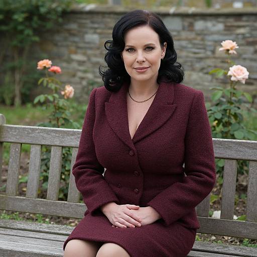 Photograph of a smiling middle-aged woman with dark curly hair, wearing a maroon wool blazer and skirt, sitting on a wooden bench in a