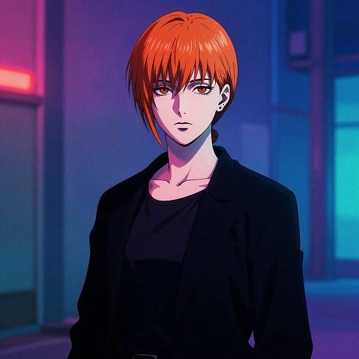 Digital anime-style drawing of a red-haired woman with intense red eyes, wearing a black top and jacket, in a neon-lit urban night scene with