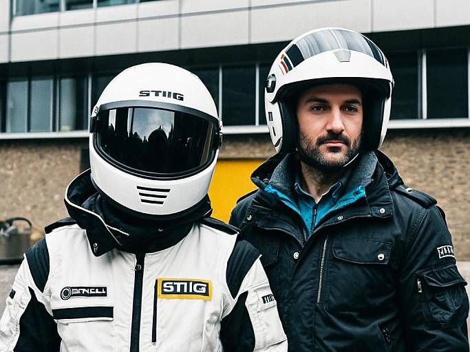Photograph of a bearded man in a black jacket beside a helmeted rider in a white racing suit, standing in front of a modern building.