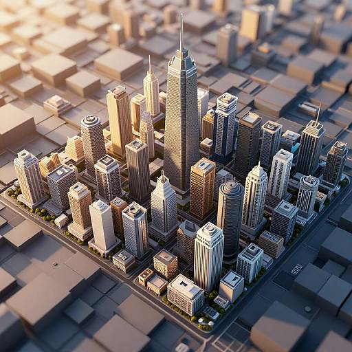 Aerial CGI of a sunlit cityscape featuring a tall skyscraper with a spire, surrounded by various modern buildings, casting shadows on the grid
