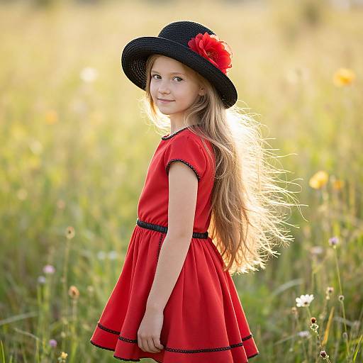 Photograph of a young girl with long blonde hair, wearing a red dress and black hat with a red flower, standing in a sunlit meadow