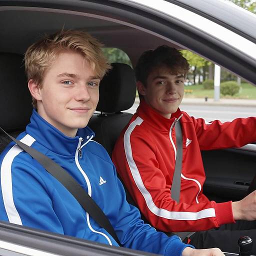 Young Men Driving with Joyful Smiles