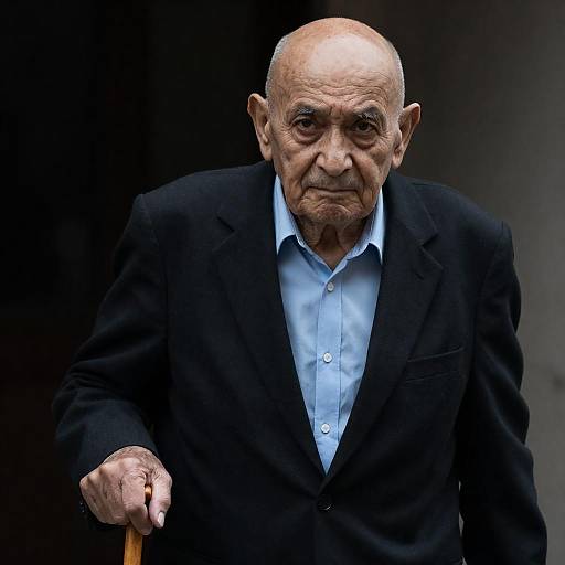 Elderly Man in Black Suit with Cane