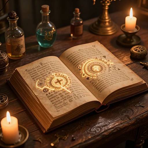 Photograph of an open, illuminated magical book on a dark wooden table, surrounded by candles, potions, and ancient artifacts.