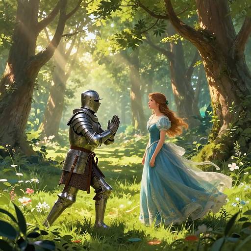 Digital painting of a knight in shiny armor and a fair maiden in a flowing blue dress, standing in a sunlit forest with light beams filtering through trees