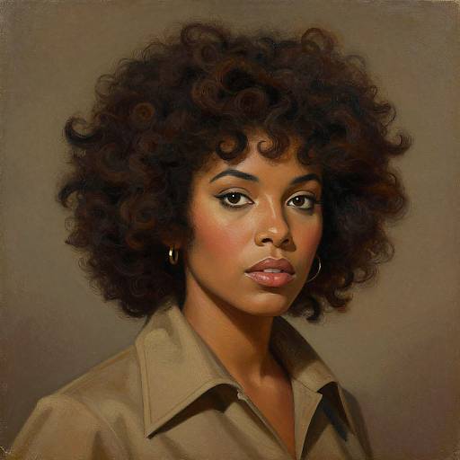 Digital painting of a young Black woman with a voluminous curly afro, brown eyes, and brown jacket, looking directly at the viewer against a plain