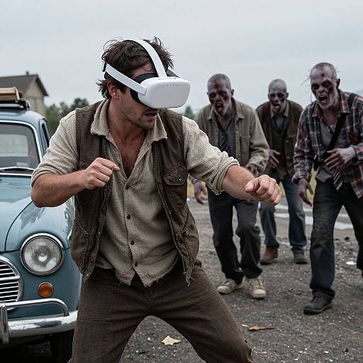 Photograph: Man in virtual reality headset, worn shirt, and vest, fights off undead zombies in front of a blue vintage car.