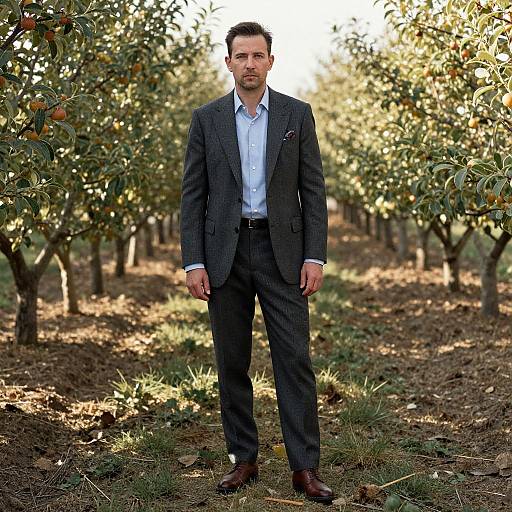 Photograph of a handsome man with short brown hair, beard, wearing a dark pinstripe suit, white shirt, brown shoes, standing in an