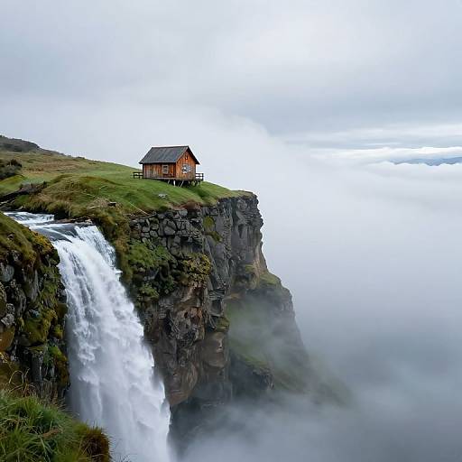 Photograph of a small wooden cabin on a grassy cliff overlooking a powerful waterfall, surrounded by foggy, misty clouds.
