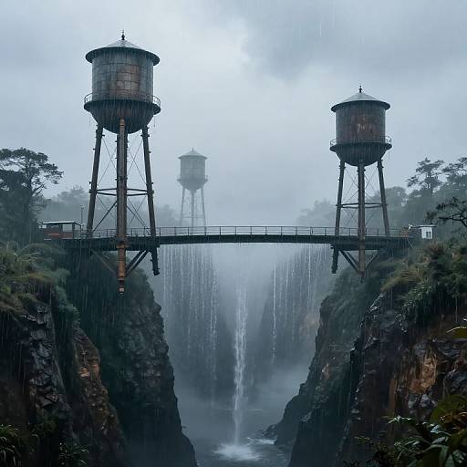 Photograph of a misty, rain-soaked landscape featuring two tall wooden water towers on metal stilts, connected by a bridge, over a dramatic