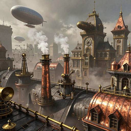 Steampunk Rooftop Cityscape with Zeppelins