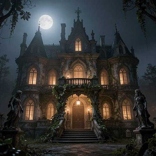 Gothic mansion at night, illuminated by moonlight and warm interior lights, with ivy-covered archway, statues on either side, and full