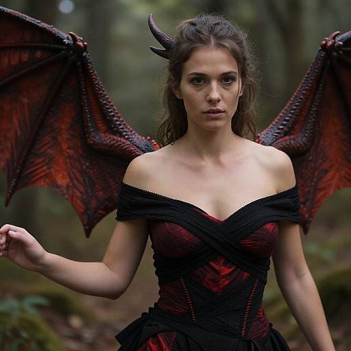 Photograph of a young woman with dark red dragon wings, black and red corset, and horns, standing in a forest, looking intense. Fantasy