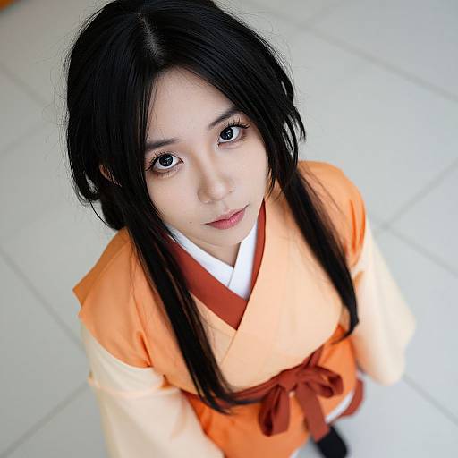 Photograph of a young Asian woman with long black hair, wearing an orange and white traditional Japanese kimono, looking up with large, expressive brown eyes