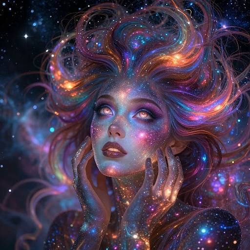 Digital artwork of a woman with glowing, multicolored, star-filled hair and eyes, hands on her face, set against a cosmic background. Vibr