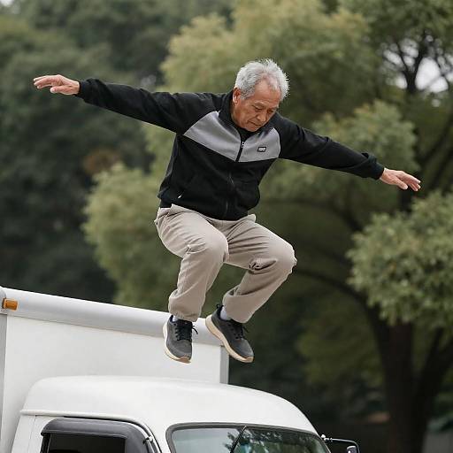 Elderly Man Leaping from Truck Roof