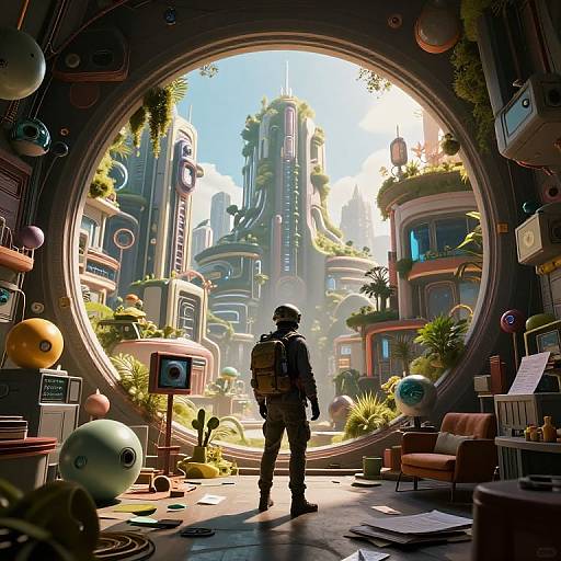 Digital art: Silhouetted astronaut with backpack stands in futuristic, circular room, gazing at vibrant, sunlit, sci-fi cityscape with