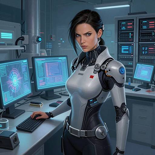 Digital artwork of a fierce, black-haired woman in a futuristic, silver and black robotic suit, standing in a high-tech control room with glowing screens and