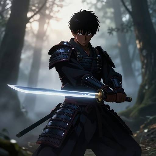 Digital anime-style drawing of a dark-haired samurai with intense expression, wielding glowing katana in misty forest, wearing detailed armor.