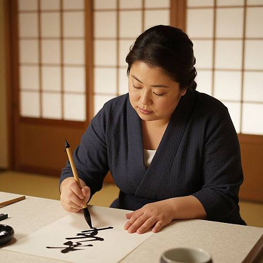 Photograph of an Asian woman with dark hair in a navy kimono, writing black ink characters on white paper in a traditional Japanese room.