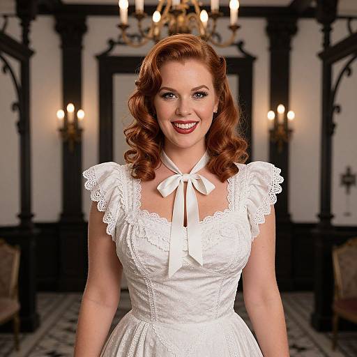 Photograph of a smiling, fair-skinned woman with red curls, wearing a white lace wedding dress with a ribbon bow, in an elegant, ch