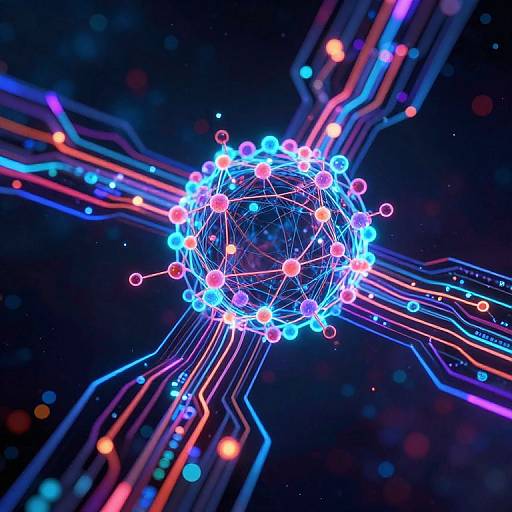 Digital CGI of a glowing, blue and pink neon molecular structure at the center of a dark, circuitry-filled background.