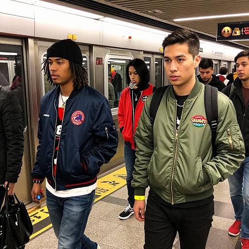 Photograph of diverse young men in a subway station, wearing jackets and backpacks, looking ahead; one in green bomber jacket, other in navy jacket