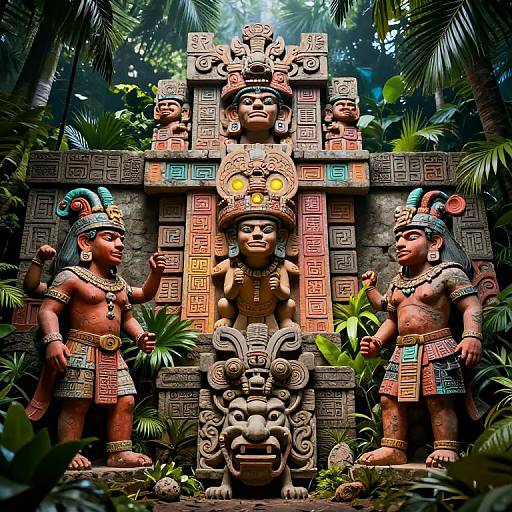 Photograph of vibrant, detailed Aztec-style stone statue of three adorned warriors with colorful headdresses and jewelry, flanking a central deity with a fierce